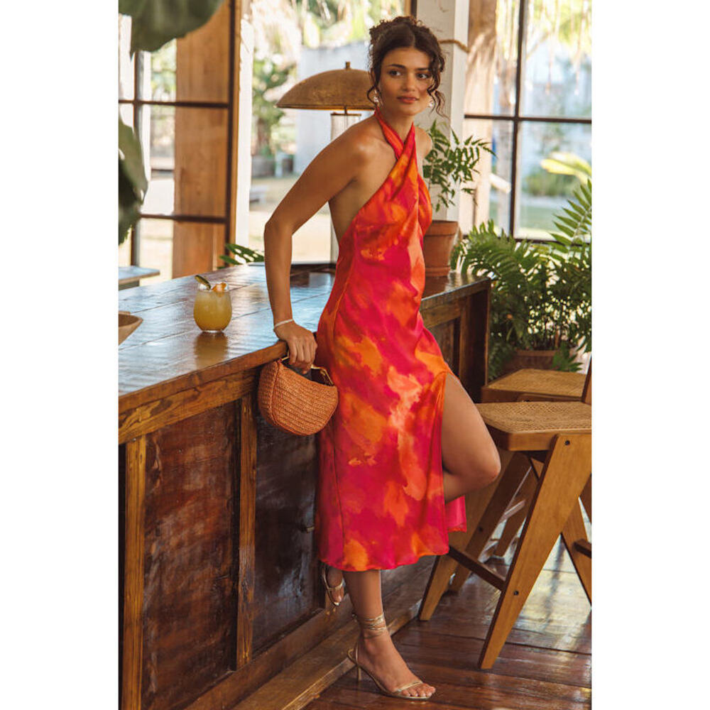 Lulus Beyond Classy Pink Multi Abstract Print Satin Halter Midi Dress - Size M